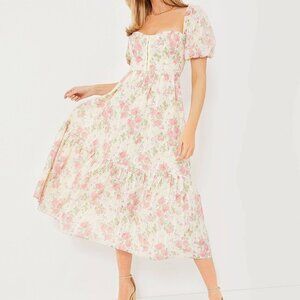 O.P.T Rosita Butter Yellow Pink Floral Sweetheart Puff Sleeve Midi Dress Size M